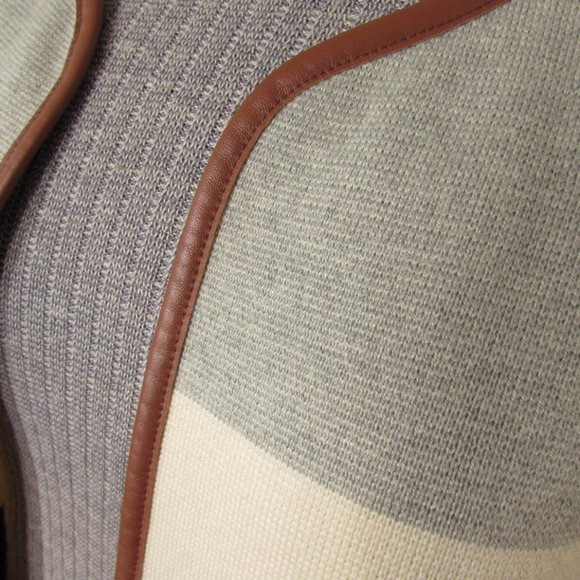 BANANA REPUBLIC Gray Cream and Navy Blue Stripe Cardigan with Leather Trim - Picture 2 of 6